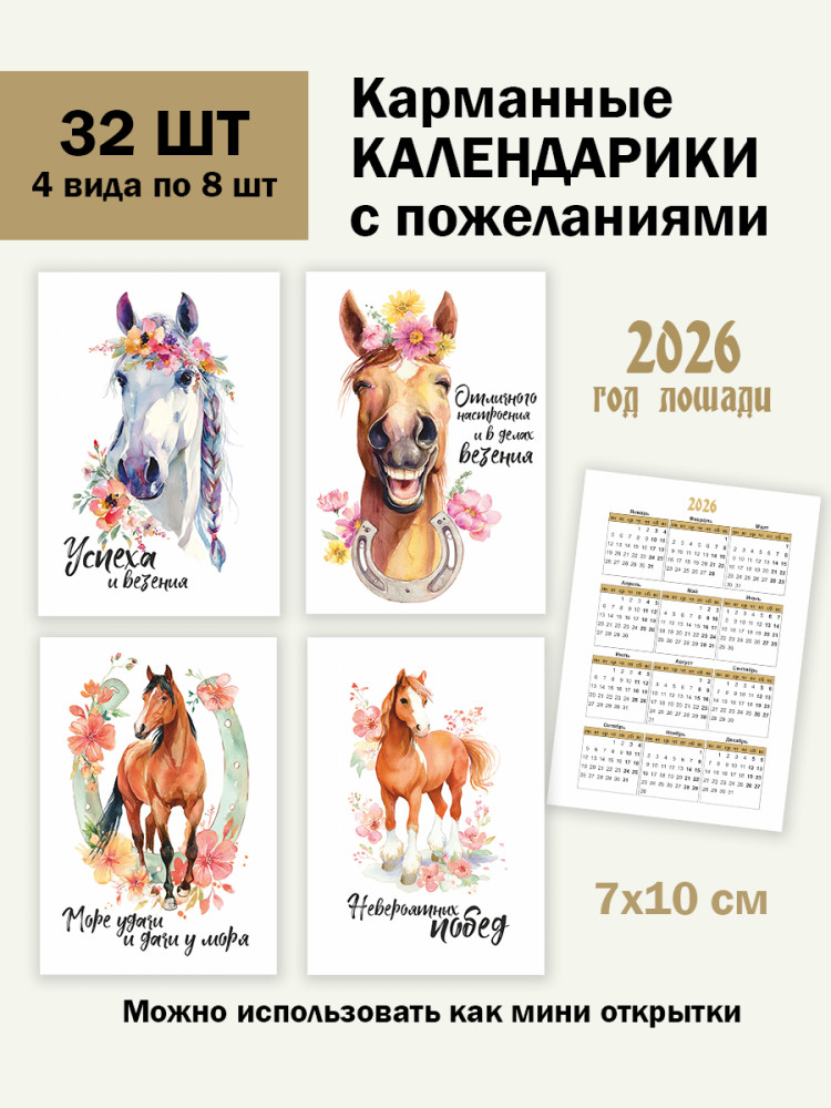 Календарики карманные 2026 год, набор 32 штуки, 7х10 см- фото