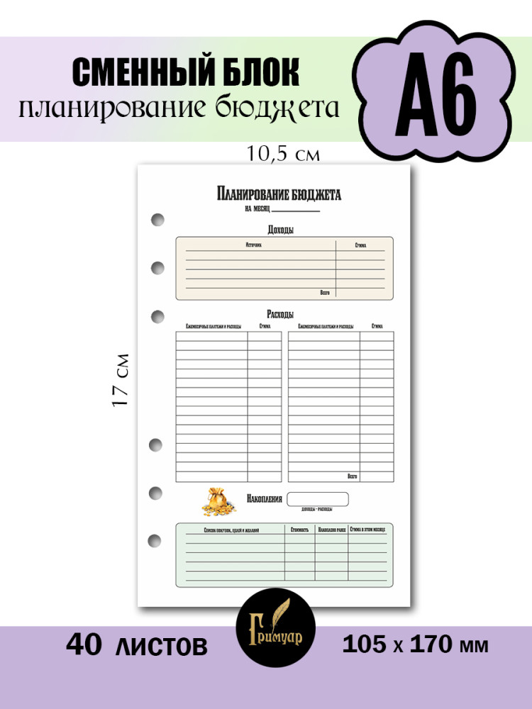 Сменный блок А6 (105х170 мм) на 6 колец Планировщик бюджета- фото