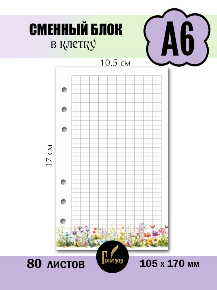 Сменный блок А6 (105х170 мм) на 6 колец в клетку- фото